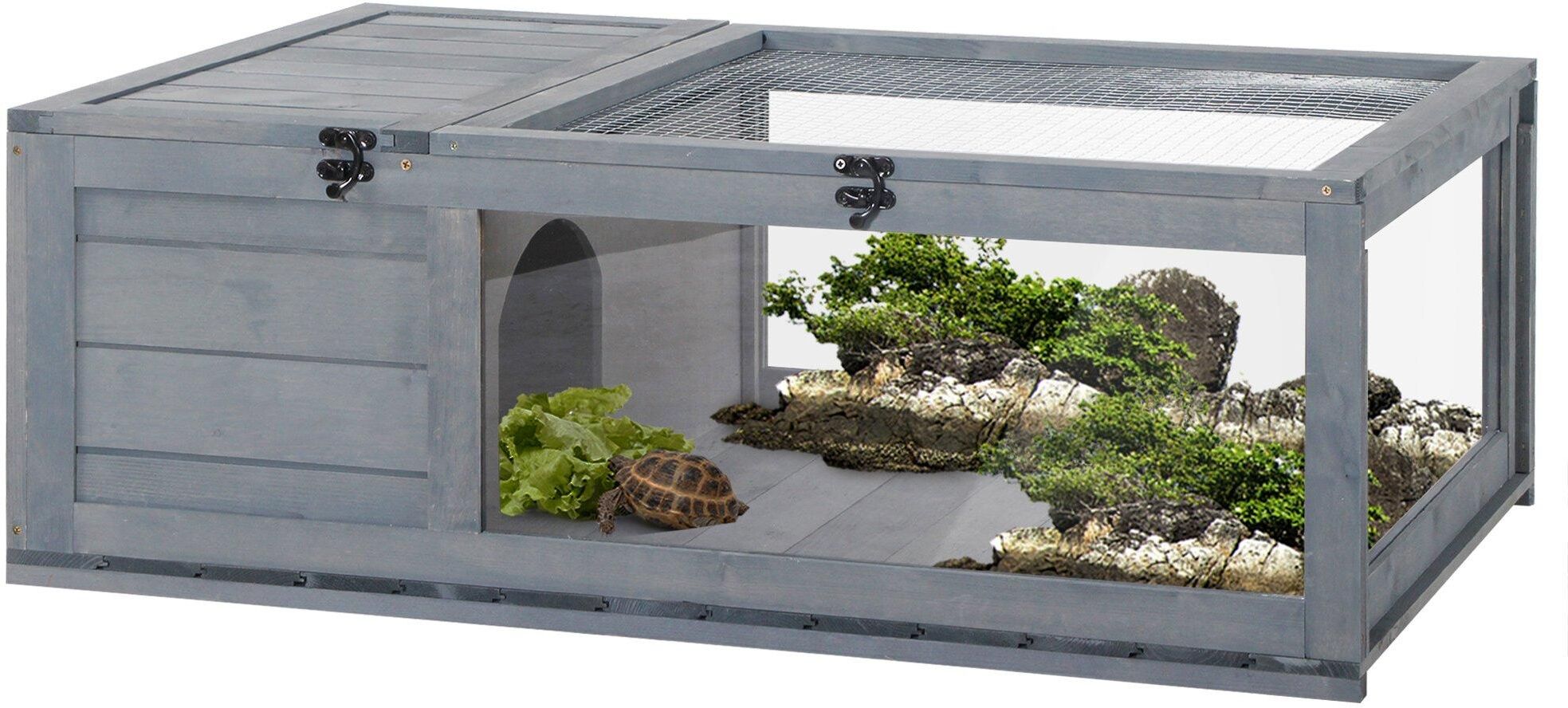 PawHut Tortoise House, Small Pet Reptile Wooden House with Mesh Roof