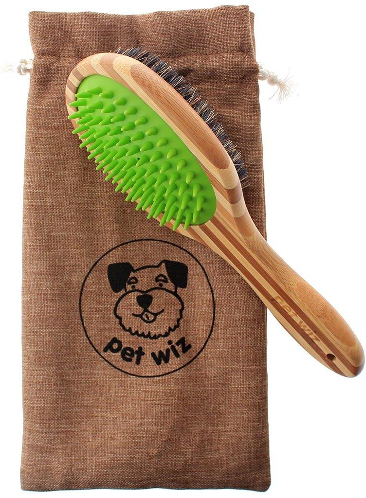 pet wiz Double Sided Bamboo Dog Brush with Silicone Massager