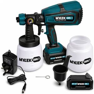 MYLEK Cordless Paint Sprayer Gun Kit 2 Cups 2 x Li-Ion 20V Battery & Charger in Blue Blue MYLEK Cordless Paint Sprayer Gun Kit 2 Cups 2 x Li-Ion 20V Battery & Charger in Blue Blue