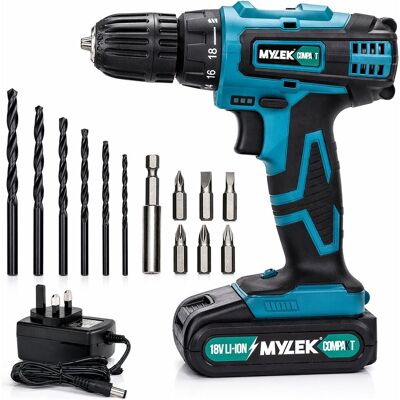 MYLEK 18V Cordless Li-ion Drill & Screwdriver Set With 13 Piece Accessory Kit in Blue Blue MYLEK 18V Cordless Li-ion Drill & Screwdriver Set With 13 Piece Accessory Kit in Blue Blue