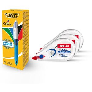 Bic 12x 4 Colours Grip Ballpoint Pens & Tipp-Ex Mini Correction Tapes Pack of 3 Multicolor Bic 12x 4 Colours Grip Ballpoint Pens & Tipp-Ex Mini Correction Tapes Pack of 3 Multicolor