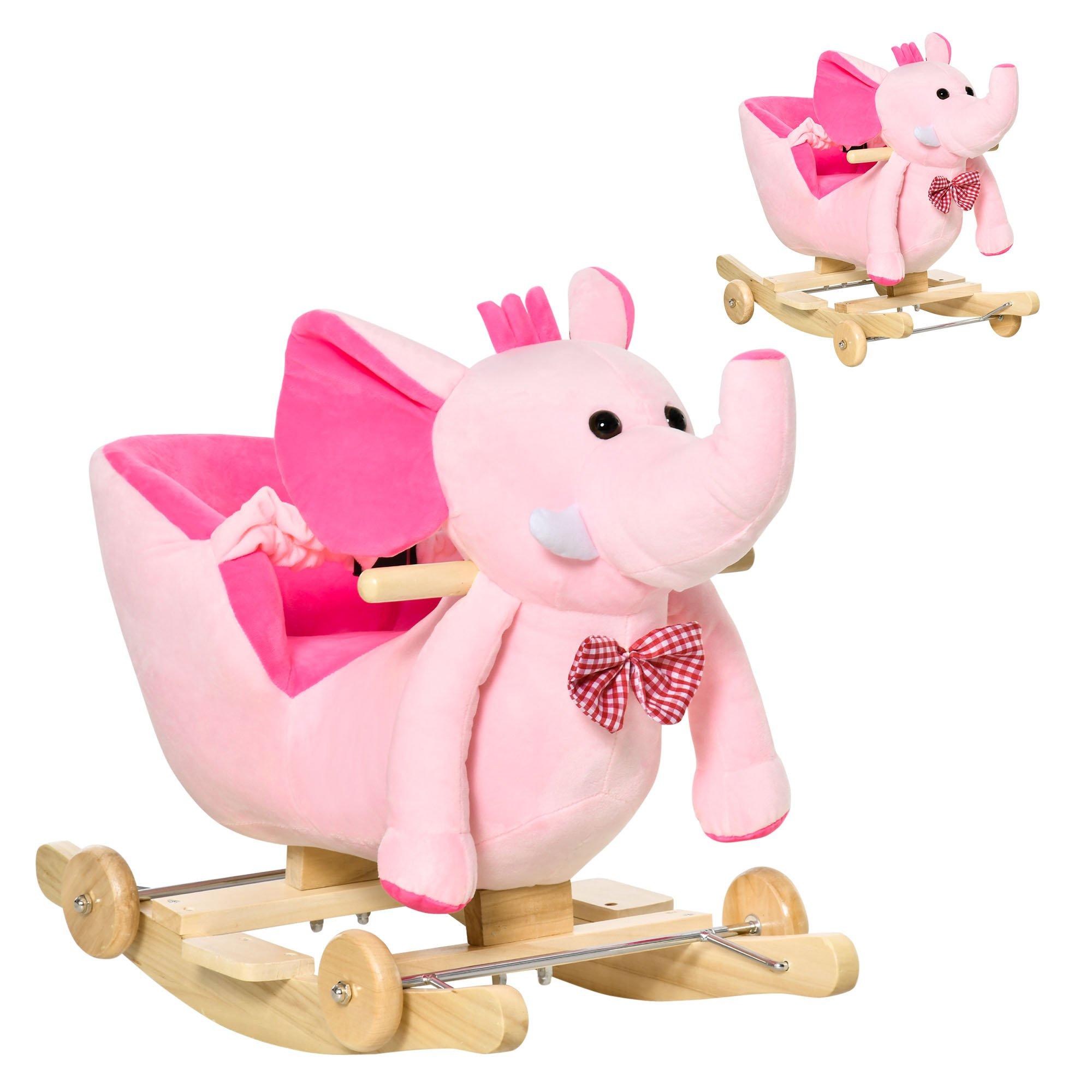 HOMCOM 2 In 1 Kids Rocking Horse Ride on Elephant Plush Rocker Toy with Music Pink
