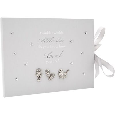 Happy Homewares Baby Keepsake Guest Book with Silver Plated Rattle Pram & Booties in Grey Grey Happy Homewares Baby Keepsake Guest Book with Silver Plated Rattle Pram & Booties in Grey Grey