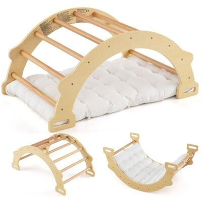 Costway Kids Arch Rocker Climbing Arch 2-in-1 Wooden Ladder w/Cushion in Natural Natural Costway Kids Arch Rocker Climbing Arch 2-in-1 Wooden Ladder w/Cushion in Natural Natural