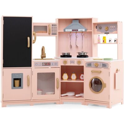 Costway Corner Wooden Play Kitchen Large Pretend Play Kitchen Set in Pink Pink Costway Corner Wooden Play Kitchen Large Pretend Play Kitchen Set in Pink Pink