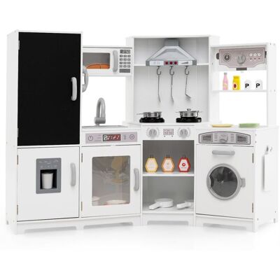 Costway Corner Wooden Play Kitchen Large Pretend Play Kitchen Set in White White Costway Corner Wooden Play Kitchen Large Pretend Play Kitchen Set in White White