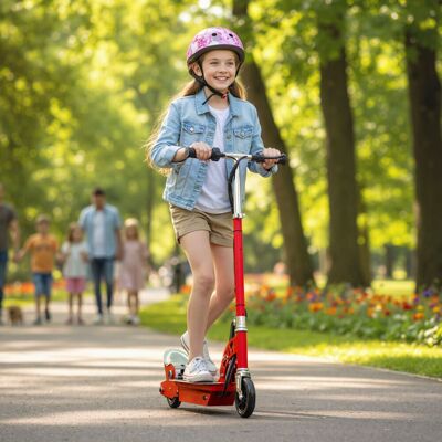 HOMCOM Foldable Powered Scooter with Adjustable Seat & Brake in Red Red HOMCOM Foldable Powered Scooter with Adjustable Seat & Brake in Red Red