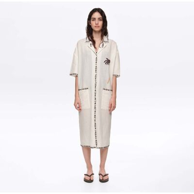 BIMBA Y LOLA Brown linen palm tree shirt dress IVORY L adult BIMBA Y LOLA Brown linen palm tree shirt dress IVORY L adult