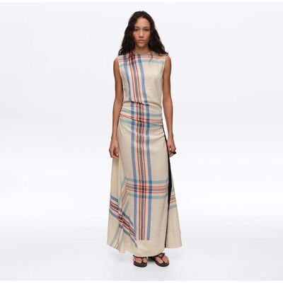BIMBA Y LOLA Ivory linen striped sleeveless dress with overlay strap IVORY XS adult BIMBA Y LOLA Ivory linen striped sleeveless dress with overlay strap IVORY XS adult