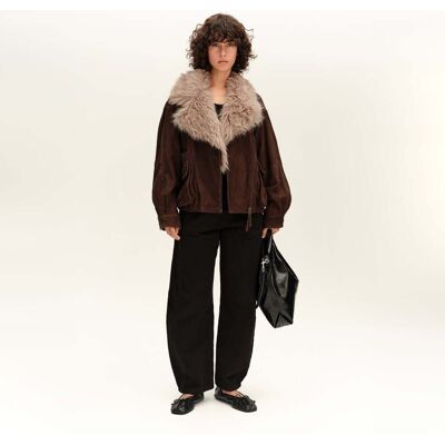 BIMBA Y LOLA Chocolate leather double-breasted jacket with fur collar CHOCOLATE XSS adult BIMBA Y LOLA Chocolate leather double-breasted jacket with fur collar CHOCOLATE XSS adult