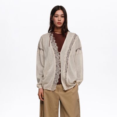 BIMBA Y LOLA Long sand cotton and linen cardigan with lace trim SAND M adult BIMBA Y LOLA Long sand cotton and linen cardigan with lace trim SAND M adult