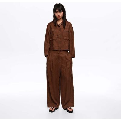 BIMBA Y LOLA Washed brown linen straight-leg trousers with darts WASHED BROWN 36 adult BIMBA Y LOLA Washed brown linen straight-leg trousers with darts WASHED BROWN 36 adult