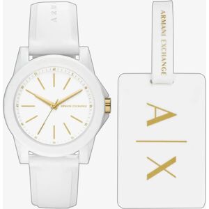 Armani Exchange Ladies White & Gold Tone Luggage Tag & Watch Set AX7126