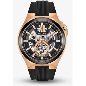 Bulova Mens Maquina Classic Automatic Skeleton Dial Black Rubber Strap Watch 98A177