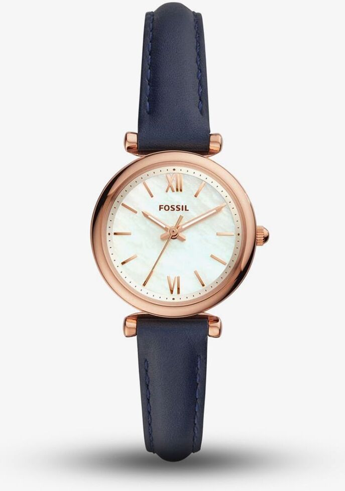 Fossil Ladies Carlie Rose Gold Plated Mother Of Pearl Dial Navy Blue Leather Strap Watch ES4502