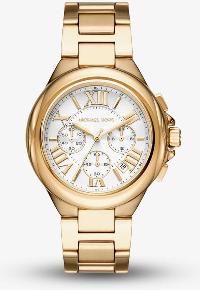 Michael Kors Ladies Camille 43mm Gold Plated White Dial Chronograph Watch MK7270