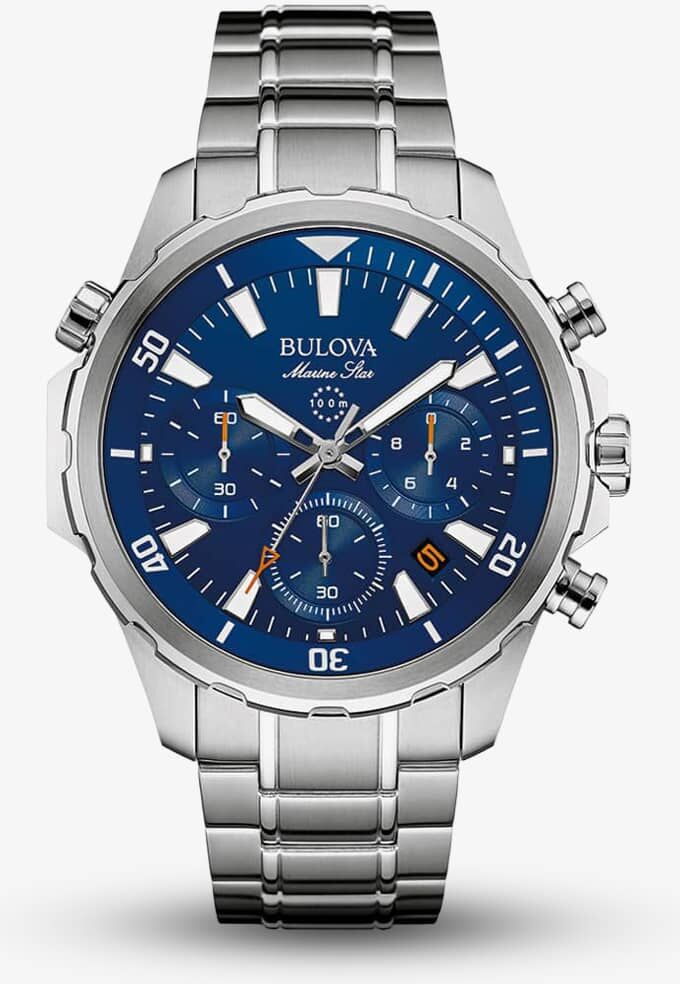 Bulova Mens Marine Star Stainless Steel Blue Chronograph Dial Bracelet Watch 96B256