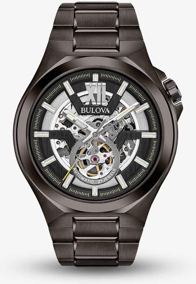 Bulova Mens Maquina Classic Automatic Skeleton Dial Gunmetal Bracelet Watch 98A179