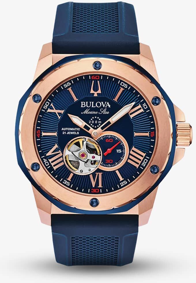 Bulova Mens Marine Star Rose Gold Plated Automatic Blue Dial Rubber Strap Watch 98A227