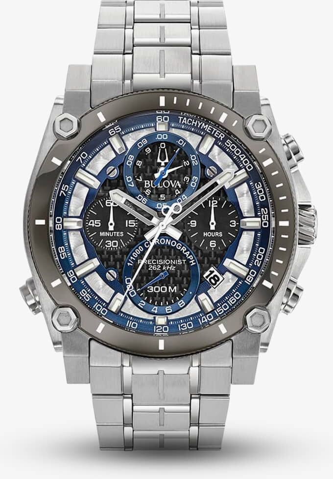 Bulova Mens Precisionist Stainless Steel Black and Blue Chronograph Dial Bracelet Watch 98B316
