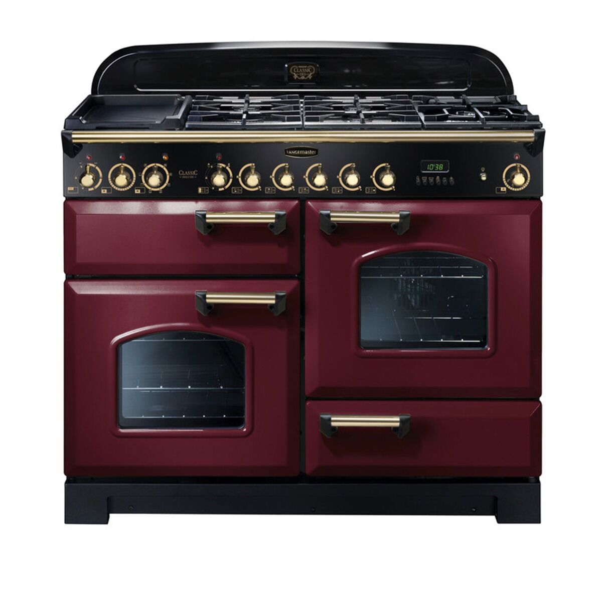 Rangemaster Classic Deluxe 110 Dual Fuel Range Cooker - Cranberry/Brass