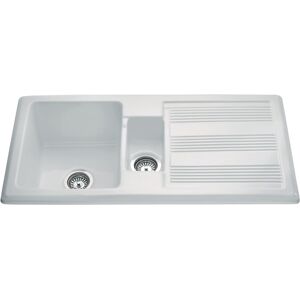 CDA KC24WH White Ceramic 1.5 Bowl Reversible Kitchen Sink - White