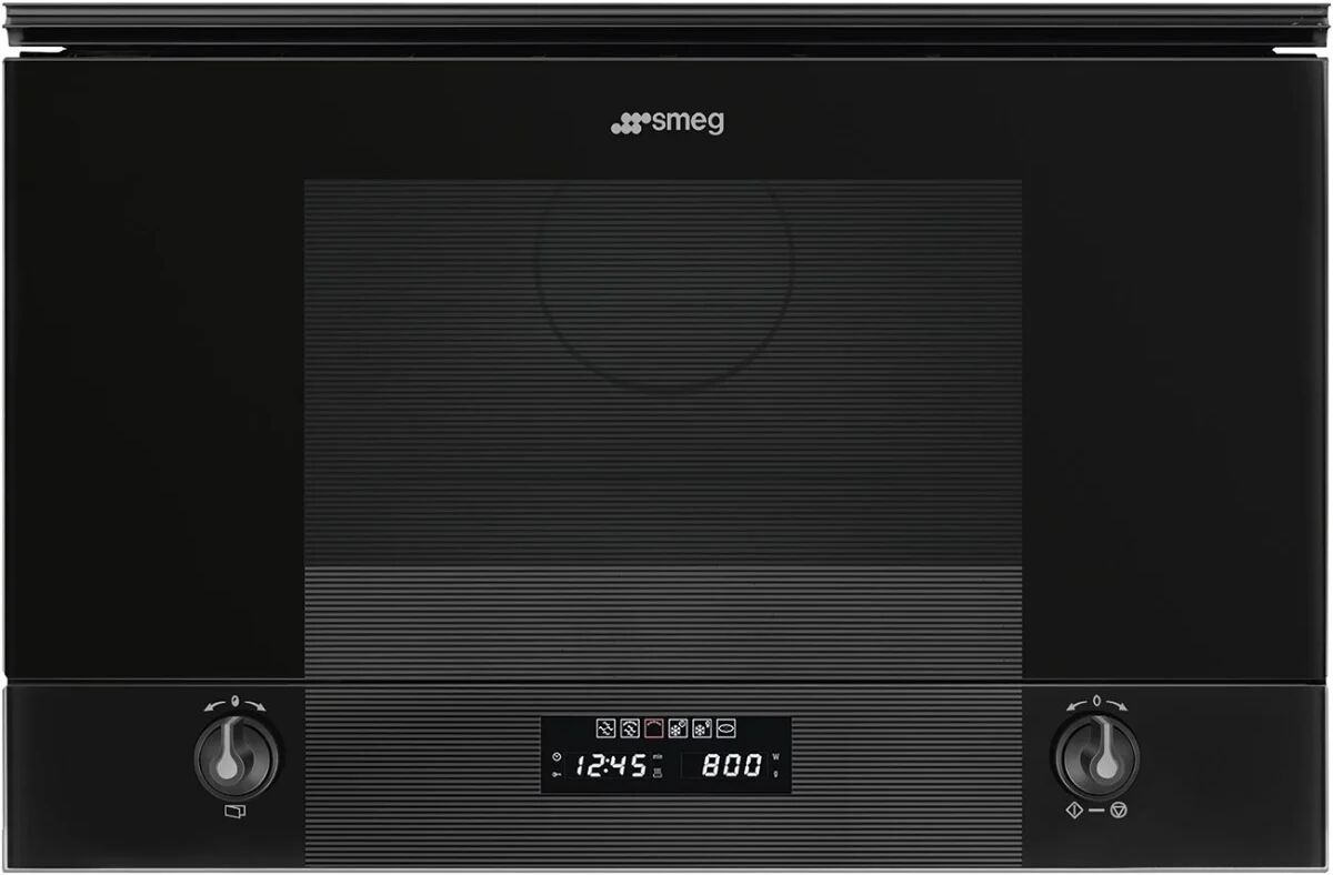 Smeg MP122B3 Black Glass Linea Built-In Microwave With Grill - Black Glass