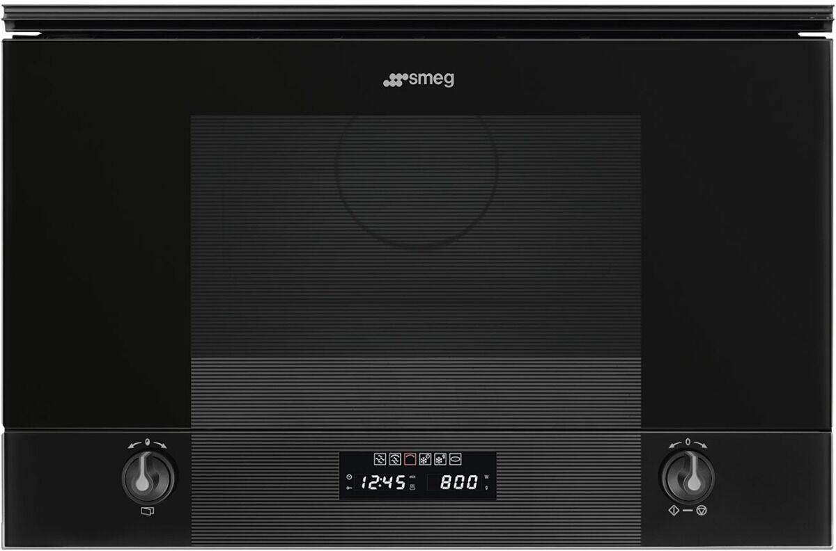 Smeg MP122B3 Black Glass Linea Built-In Microwave With Grill - Black Glass