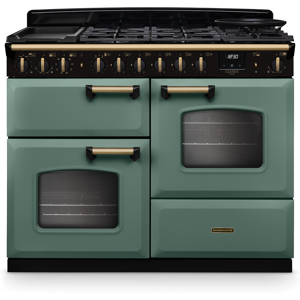 Rangemaster Classic Deluxe Offset Cavity CLDLO110DFPMGR/AB1 110cm Wide Mineral Green Dual Fuel Freestanding Range Cooker - Antique Brass Trim Rangemaster Classic Deluxe Offset Cavity CLDLO110DFPMGR/AB1 110cm Wide Mineral Green Dual Fuel Freestanding Range Cooker - Antique Brass Trim