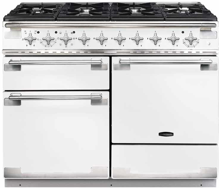 Rangemaster Elise 110 ELS110DFFWH/ 110cm Wide White Dual Fuel Freestanding Range Cooker - Brushed Nickel Trim