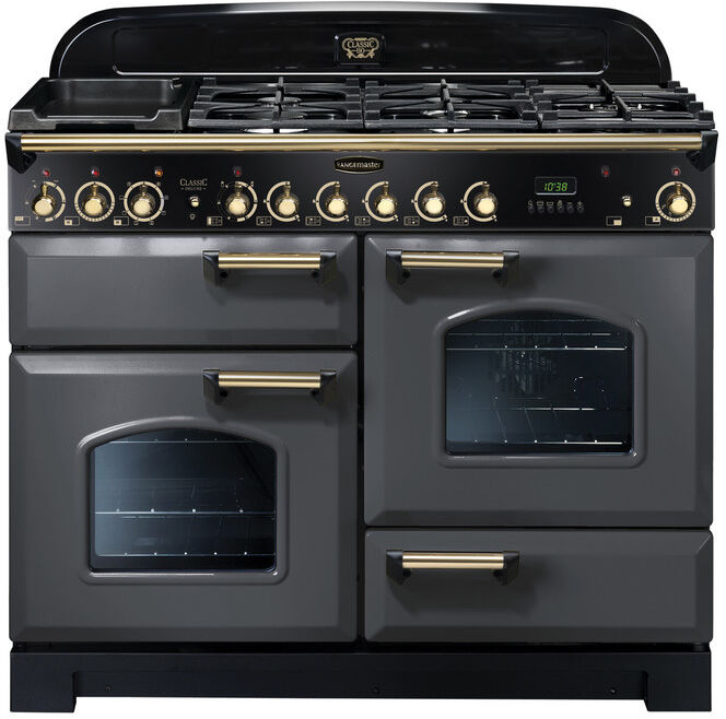 Rangemaster Classic Deluxe CDL110DFFSL/B 110cm Wide Slate Dual Fuel Freestanding Range Cooker - Brass Trim