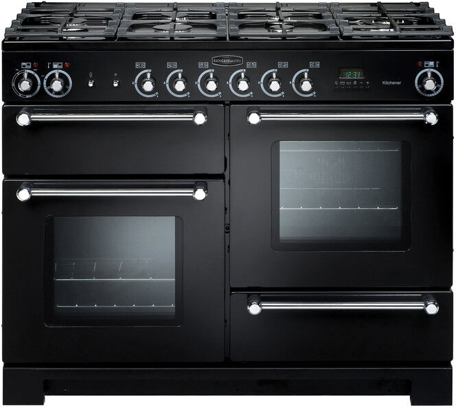 Rangemaster Kitchener KCH110DFFBL 110cm Wide Gloss Black Dual Fuel Freestanding Range Cooker - Chrome Trim