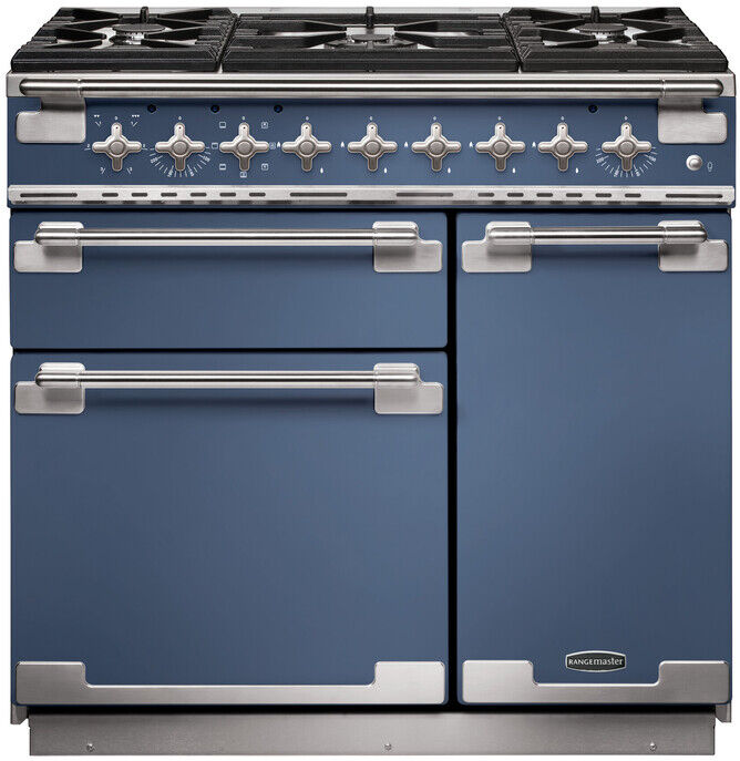 Rangemaster Elise ELS90DFFSB/ 90cm Wide Stone Blue Dual Fuel Freestanding Range Cooker - Brushed Nickel Trim