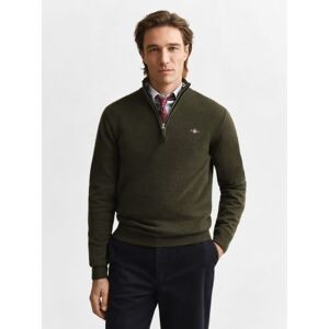 GANT Mens Khaki Green Melange Superfine Lambswool Half Zip Sweater - Male - Green - Large GANT Mens Khaki Green Melange Superfine Lambswool Half Zip Sweater - Male - Green - Large