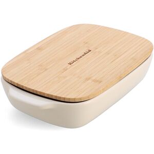 KitchenAid Almond Cream Medium 26cm Stoneware Rectangular Dish with Bamboo Lid