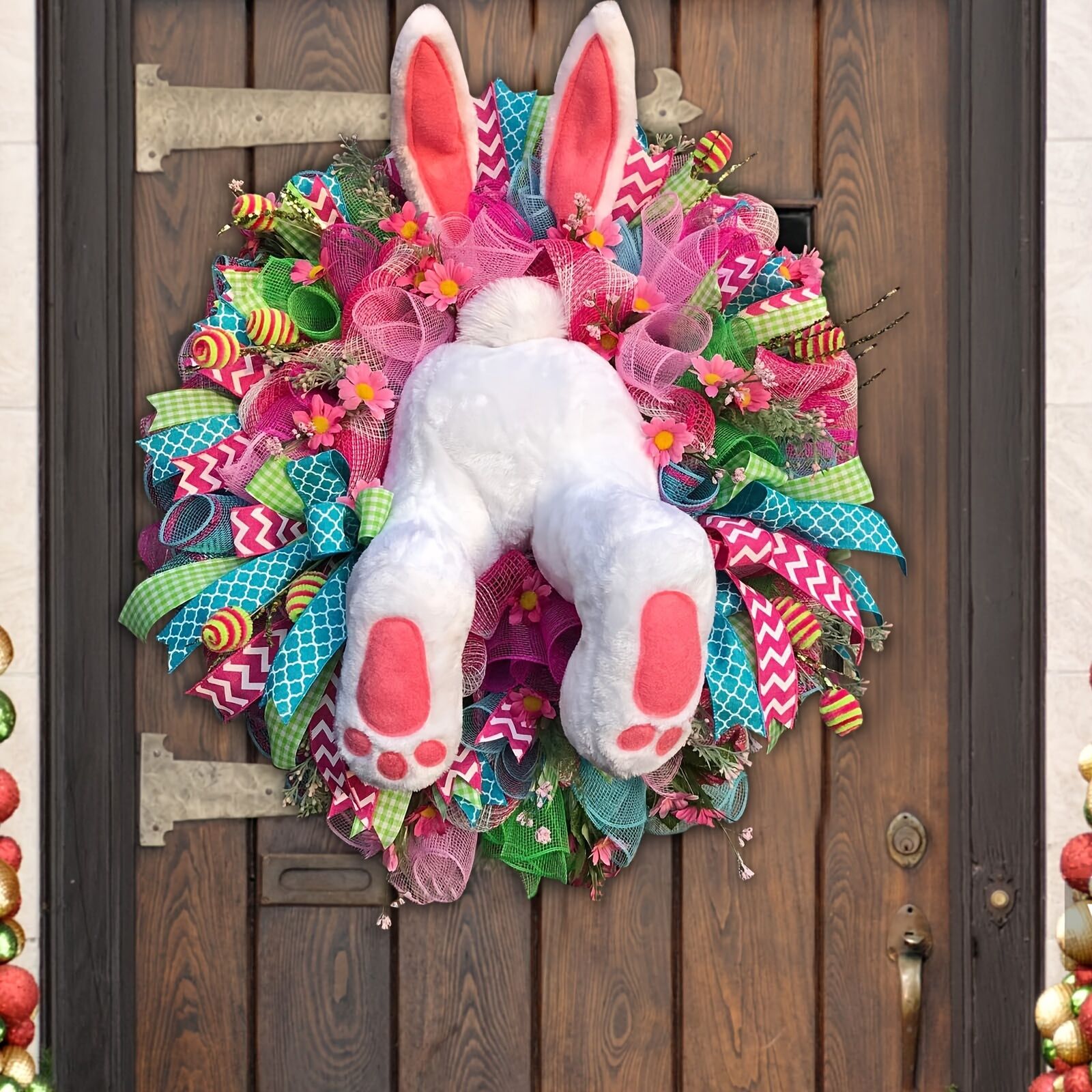 Temu 1pc Rabbit Decoration Garland Rabbit Pendant Artificial Wreath Bunny Garland Easter Hanging Decor Home Rabbit Wreath Front Door Decor Wall Hanging Adornment Acrylic Rattan Cloth