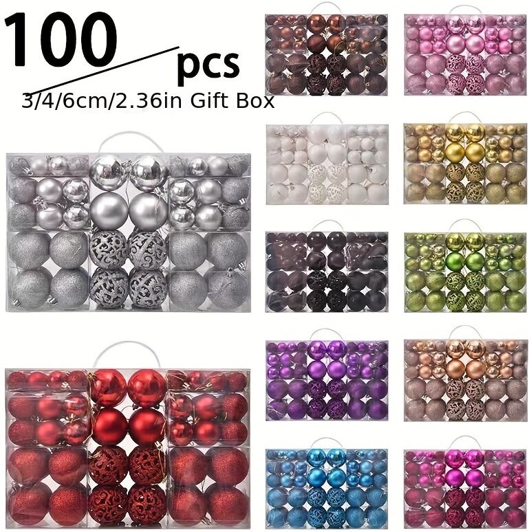 Temu 100pcs Christmas Ball Ornaments, Shatterproof Christmas Ornaments Set With Hand-held Gift Package For Xmas Tree (red/ Golden/ Silvery/ Black/brown/black Golden/red White/pink) Silvery