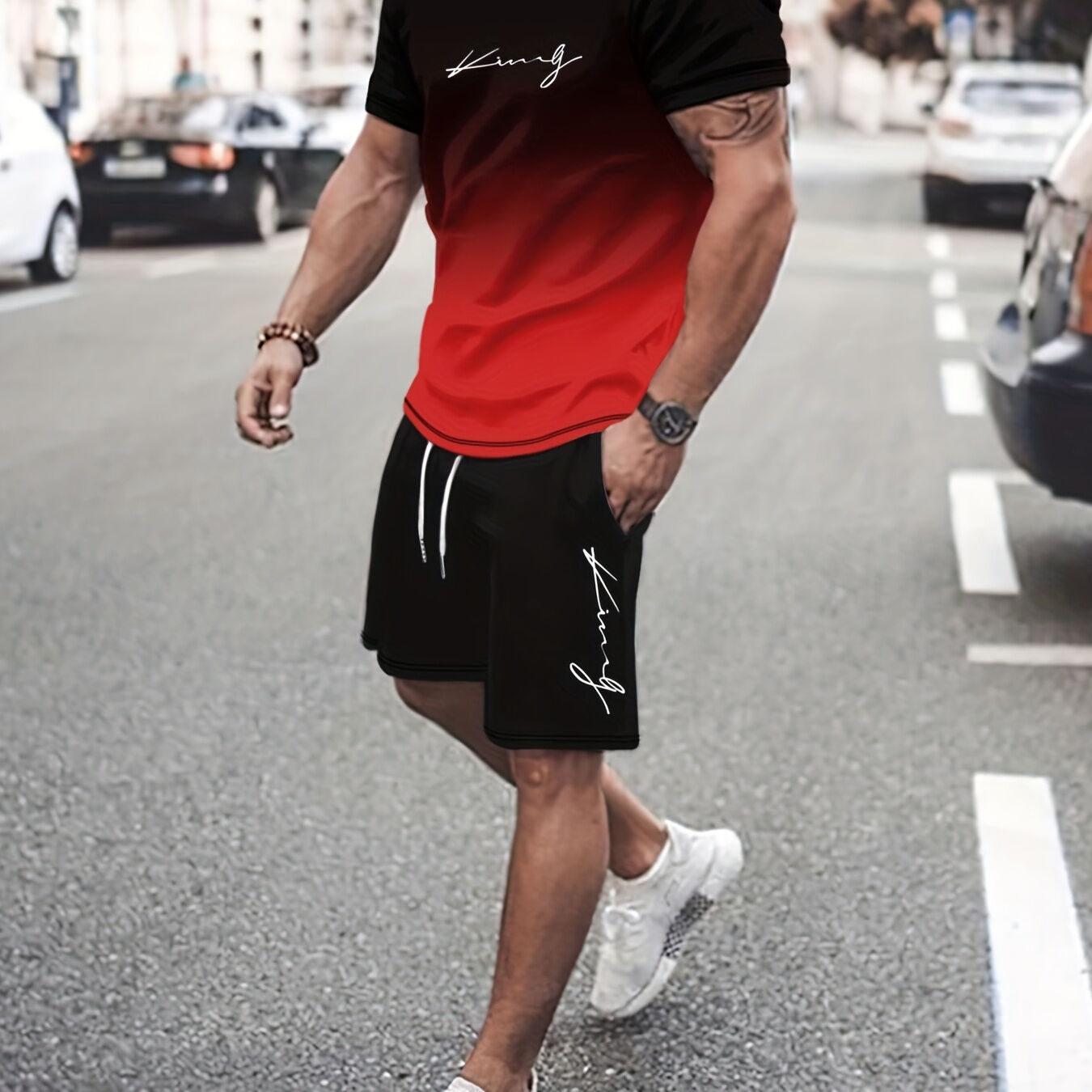 Temu 2pcs Sportswear, Men's Gradient Graphic T-shirt & Active Slightly Stretch Breathable Shorts For Outdoor Red XL(42)