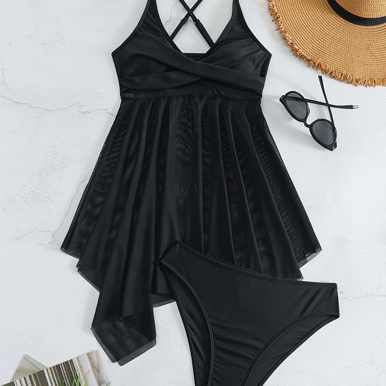 Temu Plain Mesh Contrast Criss Cross Skirted 2 Piece Set Bikini, Scoop Neck Spaghetti Strap Twist Solid Color Swimsuit For Beach Pool Bathing, Women's Swimwear & Clothing Valentine's Day Black S