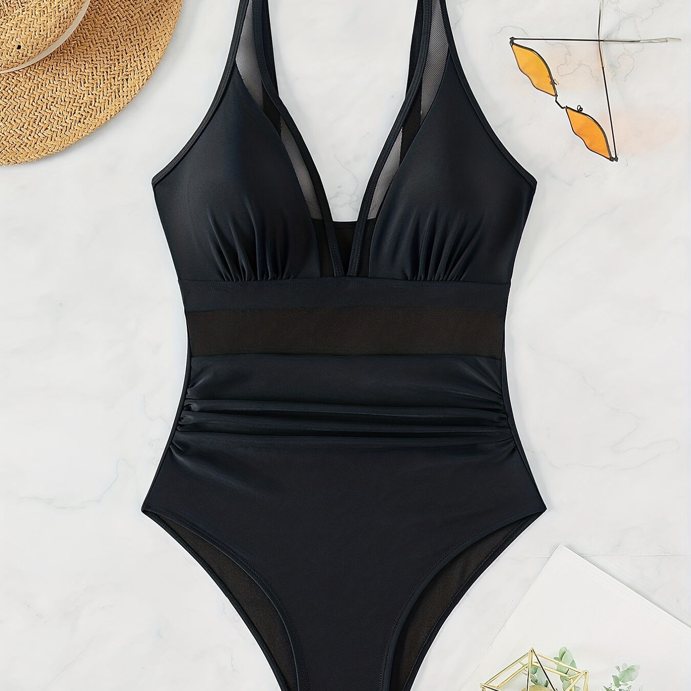 Temu Solid Mesh Contrast One-piece Swimsuit, V Neck Stretchy Ruched Bathing Suits, Women's Swimwear & Clothing Black L(8/10)