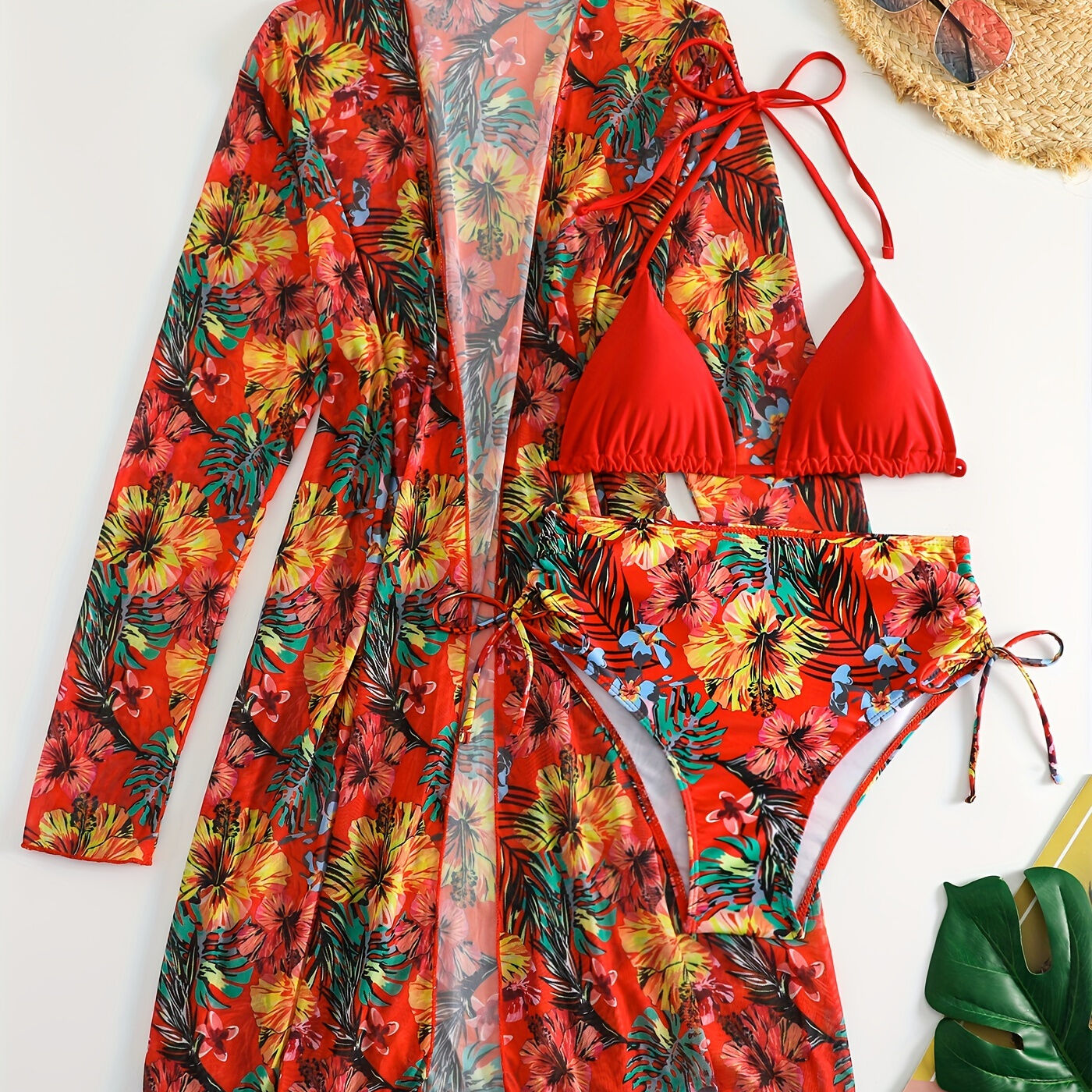 Temu 3-pieces Tropical Print Bikini Sets, Halter Neck Tie Back Tie Side High Cut With Cover Up Shirt Swimsuit, Women's Swimwear & Clothing Triangle Top Rose Red L