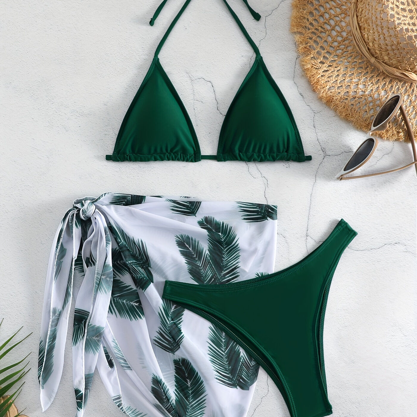 Temu 3-piece Feather Print Bikini Sets, Halter Neck Tie Back Backless High Cut With Cover Up Wrap Swimsuit, Women's Swimwear & Clothing Green S(4)