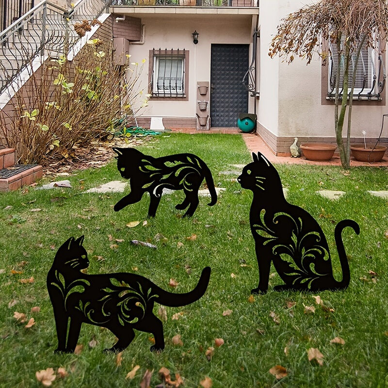 Temu 3pcs Metal Cat Garden Statues Black Cat Silhouette Cat Decorative Garden Stakes Garden Outdoor Statues Animal Stakes For Yard Decor And Lawn Ornaments Halloween Decorations Black