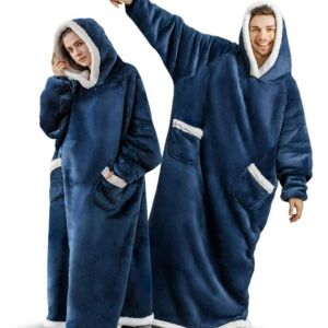 Temu 1pc Flannel Blanket With Sleeves, Winter Hoodies Sweatshirt, Women Men Pullover Fleece Giant Tv Blanket Navy blue 150CM
