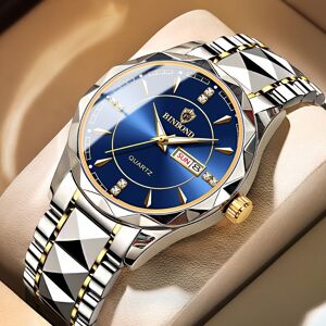 Temu B5552 1pc New Trendy Men's Waterproof Tungsten Steel Watch Calendar Quartz Wristwatch, Ideal Choice For Gifts Golden And Blue