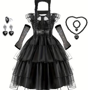 Temu Girls Ruffle Trim Layered Hem Mesh Dress, Costume Dress Up Halloween Party Performance Cosplay Outfit Accessories Wig Necklace Ear Clip Gloves Included Set Dress+Skull Hand+Gloves+Neckla 5-6Y