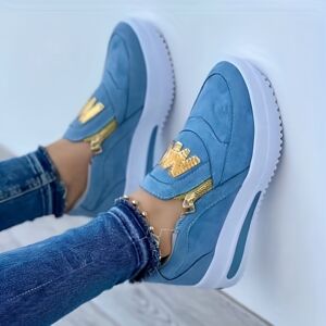 Temu Women's Casual Platform Slip On Sneakers, Side Zipper Low Top Running Shoes, Casual Walking Sports Shoes Blue 11