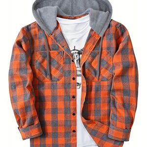 Temu Plaid Shirt Coat For Men Long Sleeve Casual Regular Fit Button Up Hooded Shirts Jacket Multicolor S(36)