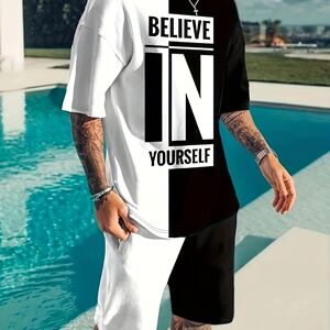 Temu Believe In Yourself Print, Men's 2pcs Outfits, Casual Crew Neck Short Sleeve T-shirt And Drawstring Shorts Set For Summer, Men's Clothing Grey XXL(44)