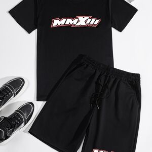 Temu Funny Fashion Letter Print Men's 2pcs, Casual T-shirt & Loose Drawstring Shorts For Summer, Men's Pajamas Set Black S(36)